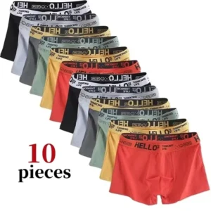 Ten colorful men's boxer briefs in a row.