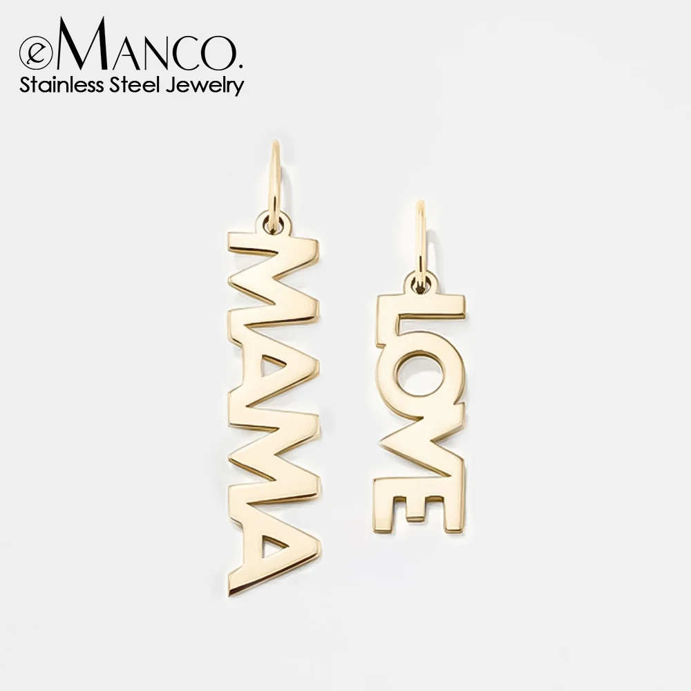Two gold stainless steel earrings with "MAMA" and "LOVE" text designs.