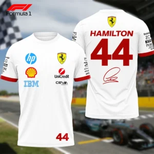 White racing-themed T-shirt with Hamilton's name and number 44.