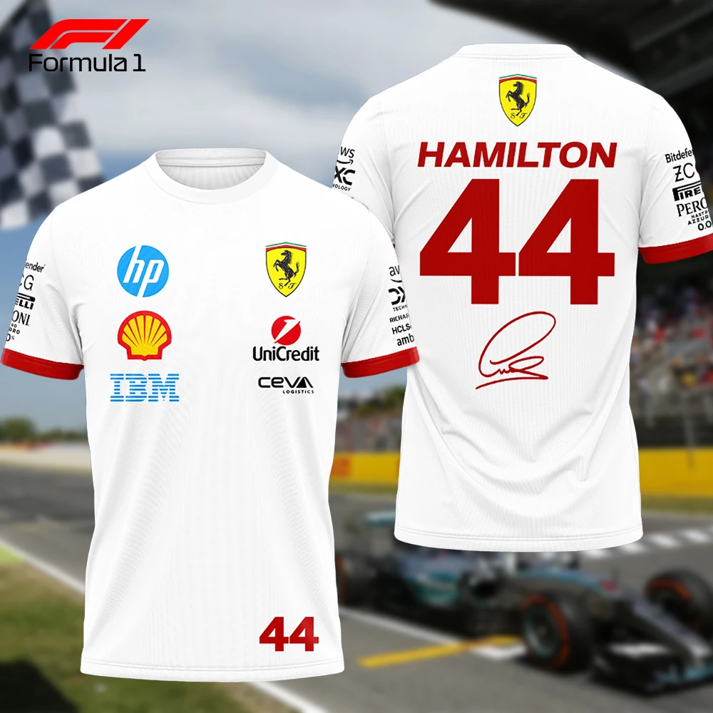 White racing-themed T-shirt with Hamilton's name and number 44.