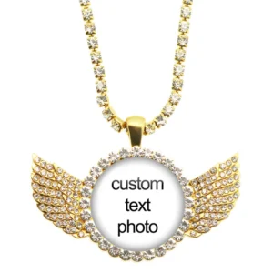 Gold winged pendant with customizable center.