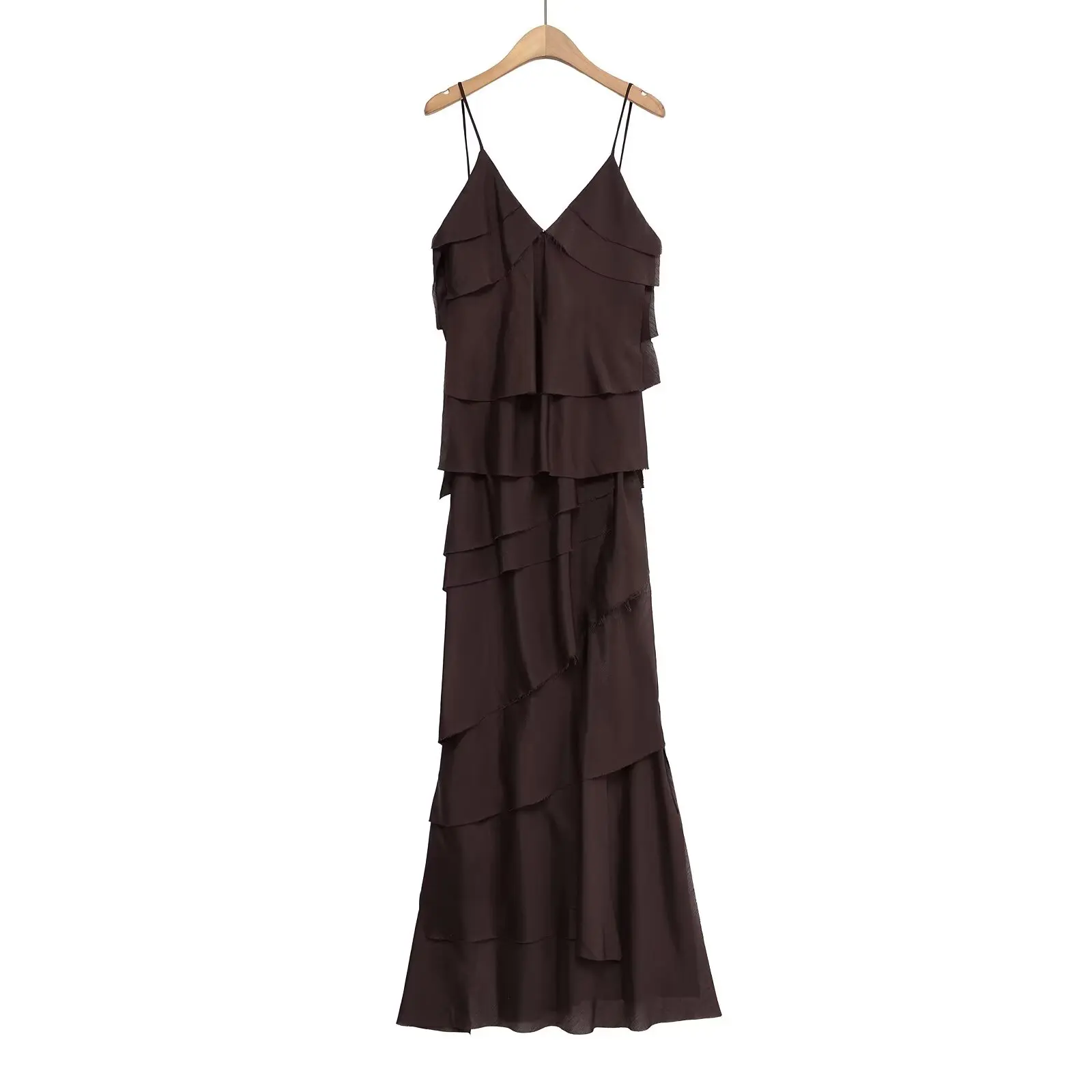 Elegant black tiered evening gown with thin straps.