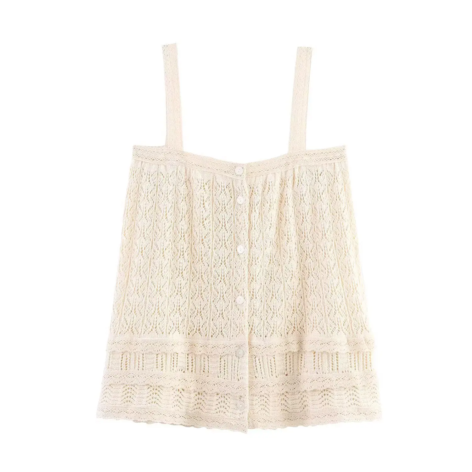 A delicate cream lace camisole with thin straps and intricate detailing.