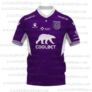 Purple sports jersey with white collar and Coolbet logo featuring a bear.