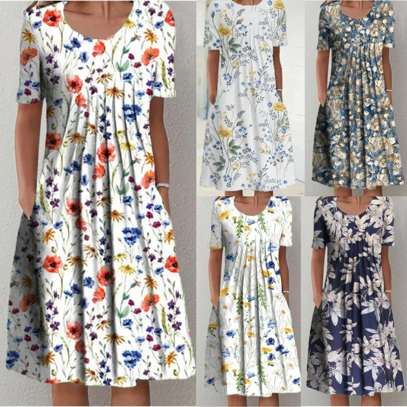 Floral print summer dresses in various colors with short sleeves.