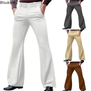 Four pairs of wide-leg pants in white, gray, beige, and brown colors.