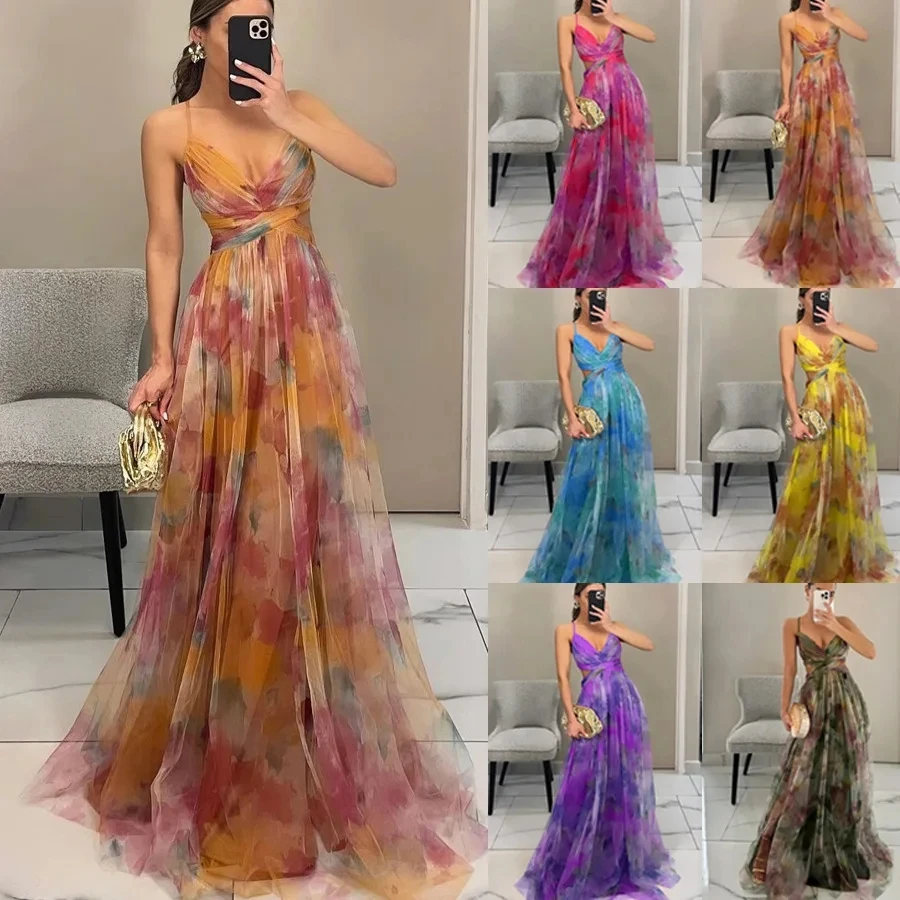 Elegant floral evening gowns in various vibrant colors.