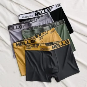 Five pairs of colorful men's boxer briefs.