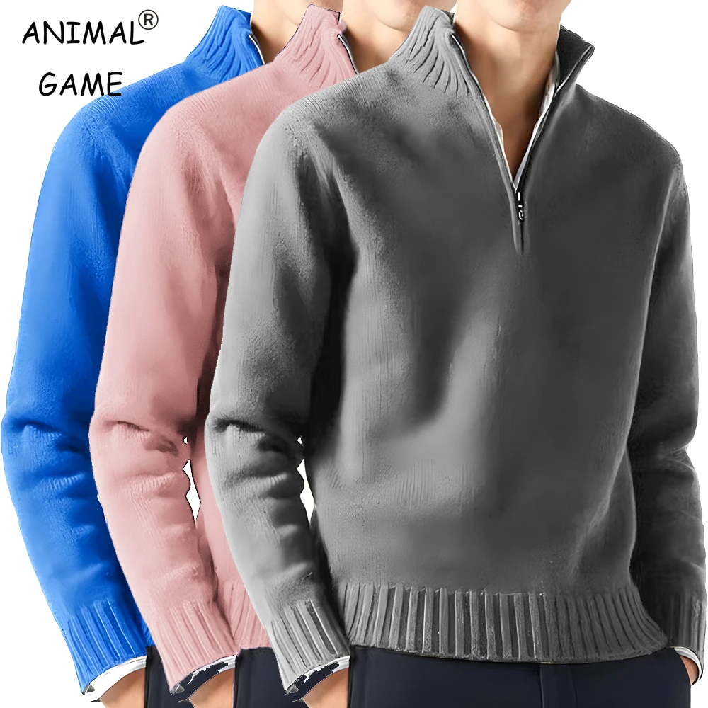 Men's quarter-zip sweaters in different colors.