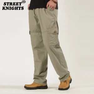 Casual khaki cargo pants paired with brown shoes.