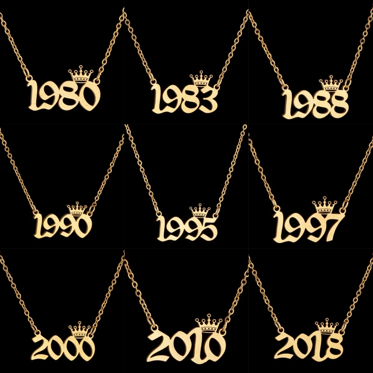 Gold year necklaces with crowns, black background.