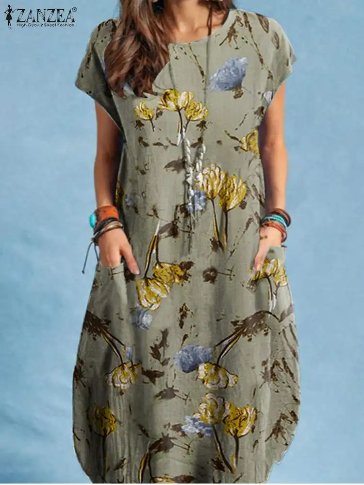 Woman wearing a floral patterned dress with pockets.