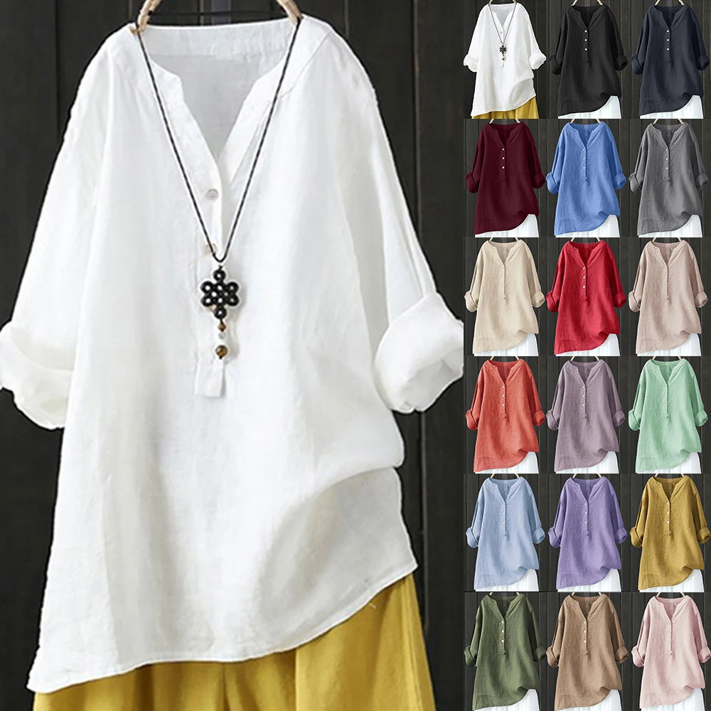 White loose long-sleeve blouse with necklace, shown with various color options.