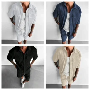 Men's matching shirt and shorts in four colors.