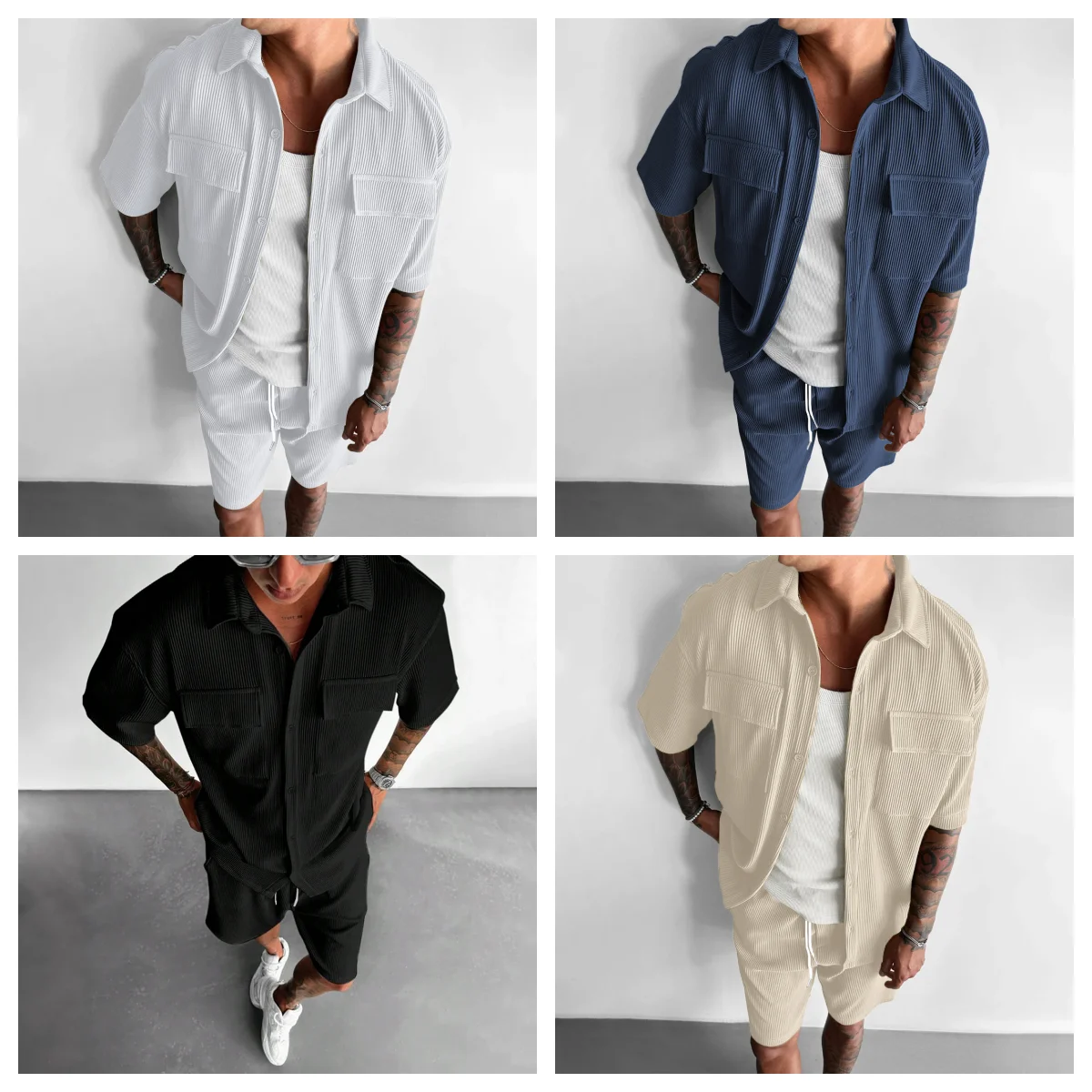 Men's matching shirt and shorts in four colors.