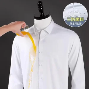 White dress shirt repelling a yellow liquid spill.