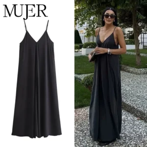 Elegant black maxi dress with thin straps, perfect for summer.