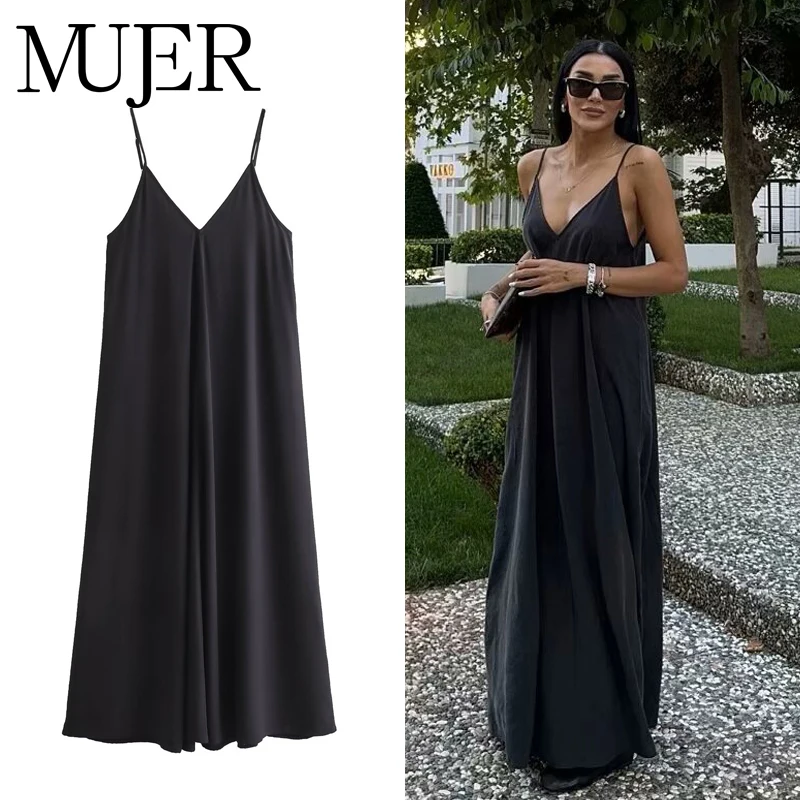 Elegant black maxi dress with thin straps, perfect for summer.