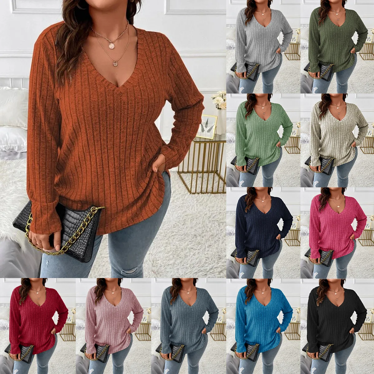 Women wearing various colors of ribbed v-neck sweaters paired with white pants.