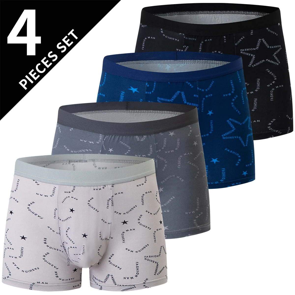 Four pairs of patterned men's boxer briefs.