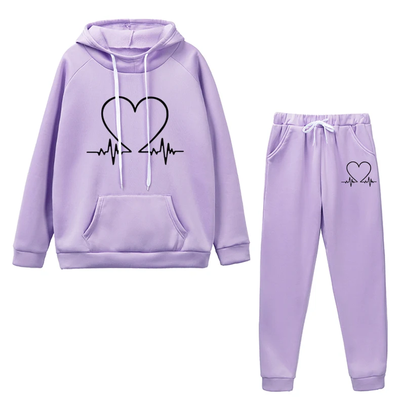 Lavender hoodie and sweatpants set with heart and heartbeat design.