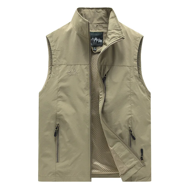 Khaki sleeveless vest with zippered pockets and stand collar.