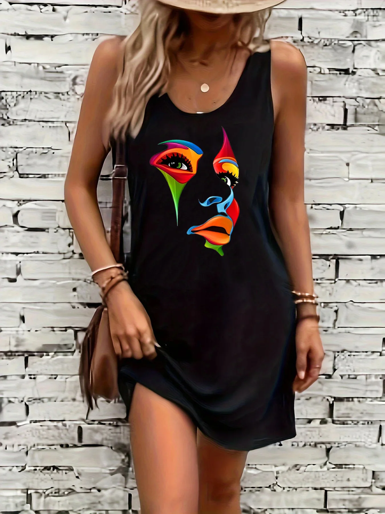 Black dress featuring a colorful abstract face design on the front.