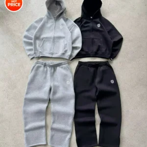 Two-piece hooded sweatshirts and jogger pants in gray and black.