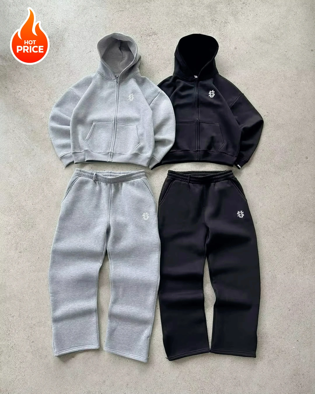 Two-piece hooded sweatshirts and jogger pants in gray and black.