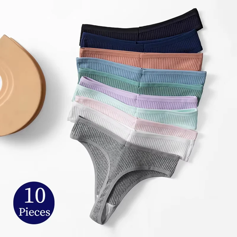Set of 10 colorful women's thong underwear neatly arranged.