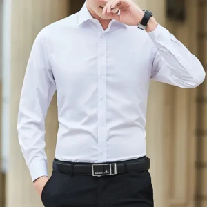 Man wearing a white dress shirt and black pants.