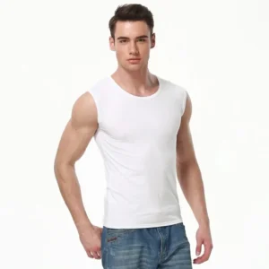 Man in white tank top and jeans.