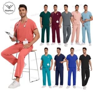 A group of men modeling various colored medical scrubs.