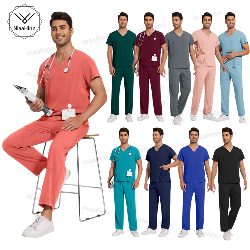 A group of men modeling various colored medical scrubs.