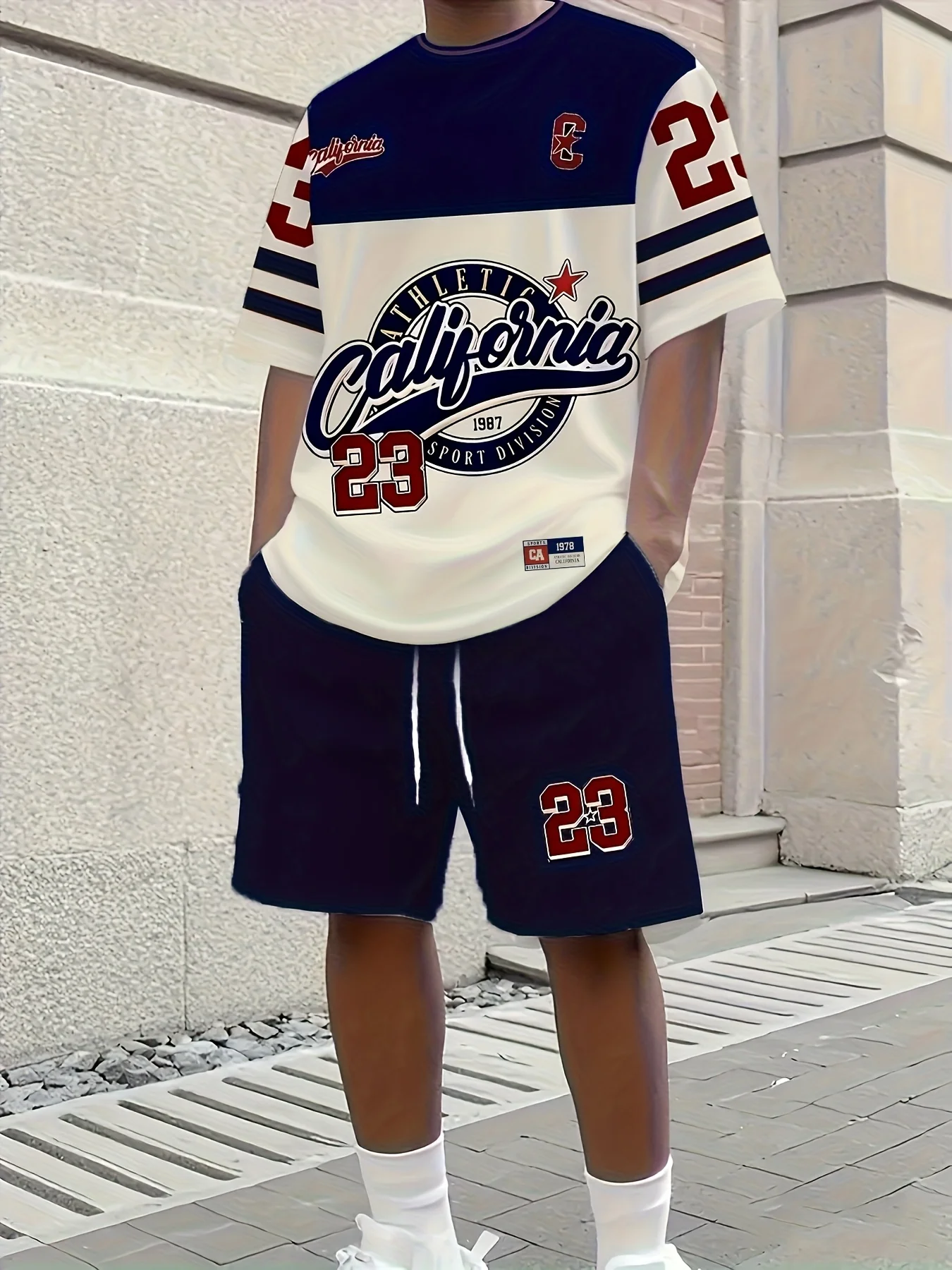 Person in sporty California-themed outfit outside.