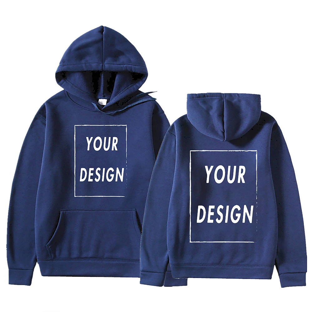 Navy blue hoodies with "Your Design" text.