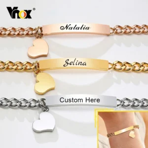 Vnox 5mm Customizable Bracelets for Women, Cuban Chain with Heart Charm Girls' Bracelets,Chic Minimalist Stainless Steel Jewelry
