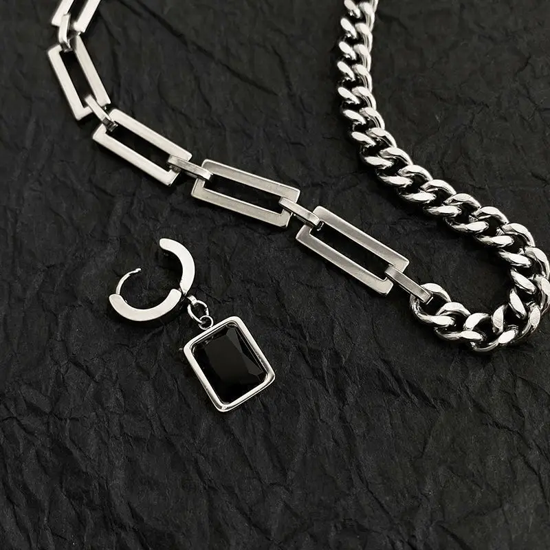 HNSP 316L Stainless Steel Two Tone Chain Necklace for Men Black Square Tag Pendant Curb Paperclip Chain Male Jewelry Gift - Image 2