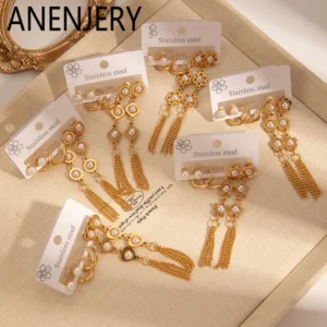 ANENJERY 316L Stainless Steel 6 Pieces Imitation Pearls Flower Heart Star Tassels Earrings For Women French Jewelry Wholesale