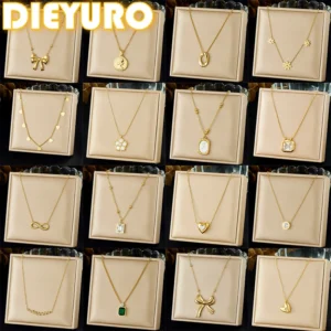DIEYURO 316L Stainless Steel Simple versatile Zircon Geometry Flowers Bowknot Series Pendant Necklace Lady Classic Charm Jewelry