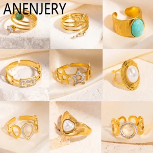 ANENJERY 316L Stainless Steel Turquoise Zircon Hollow Open Multi Layered Ring for Women Vintage Niche Jewelry Gifts Wholesale