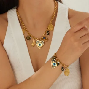 DIEYURO 316L Stainless Steel Black Enamel The Evil Eye Heart Flower Palm Pendant Necklace Bracelet Set Women New Classic Jewelry