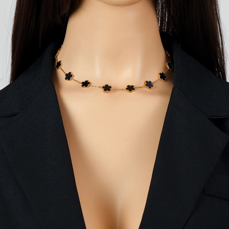 EILIECK 316L Stainless Steel Black 15 Flowers Clover Pendant Necklace For Women Fashion New Party Gift Neck Chain Jewelry Collar - Image 3