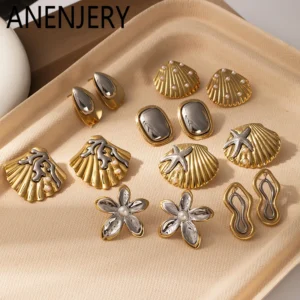 ANENJERY 316L Stainless Steel Shell Flower Geometry Pearl Earrings For Women Vintage Fashion Niche New Jewelry Gifts Wholesale