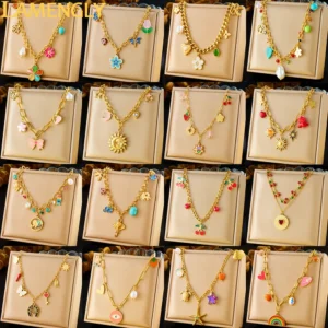 LAMENGLY 316L Stainless Steel Dopamine 5-Leaf Flower Bow Sun Heart Cherry Necklace Women's Novel Chic Neck Chain Holiday Gifts