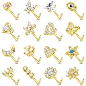 16Pcs Surgical Steel Nose Rings Studs for Women 20G Nose Ring L Shaped Nose Piercing Jewelry Hypoallergenic CZ Heart Nose Studs