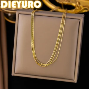 DIEYURO 316L Stainless Steel Golden Minimalist Multi Layer Silk Thread Classic Necklace For Women Luxury Neck Chain Jewelry