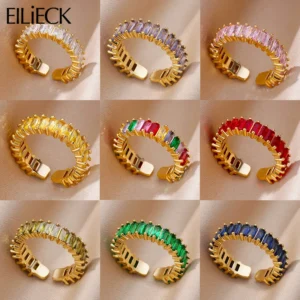 EILIECK 316L Stainless Steel Luxury Cubic Zirconia Rings Bling Waterproof Jewelry Metal Opening Ring for Women Wedding Gift