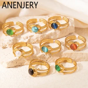 ANENJERY 316L Stainless Steel Colorful Stone Heart Lines Beads Open Ring for Women Girls Beauty Elegant Jewelry Gifts Daily