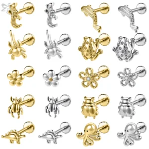 ZS 1PC 16G/18G 316L Stainless Steel Lip Ring Toad Beetle Shape Labret Piercing Silver Color Ear Stud 6mm/8mm Cartilage Earring